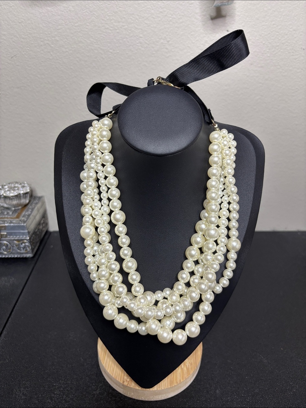 SUGARFIX Multi-Strand Ivory Pearl Necklace Black Ribbon Statement Chunky Vibes